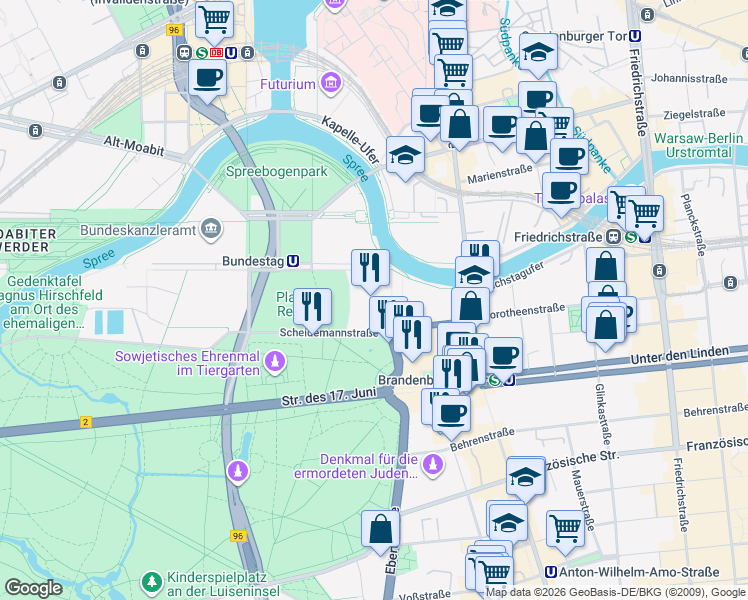map of restaurants, bars, coffee shops, grocery stores, and more near 1 Platz der Republik in Berlin