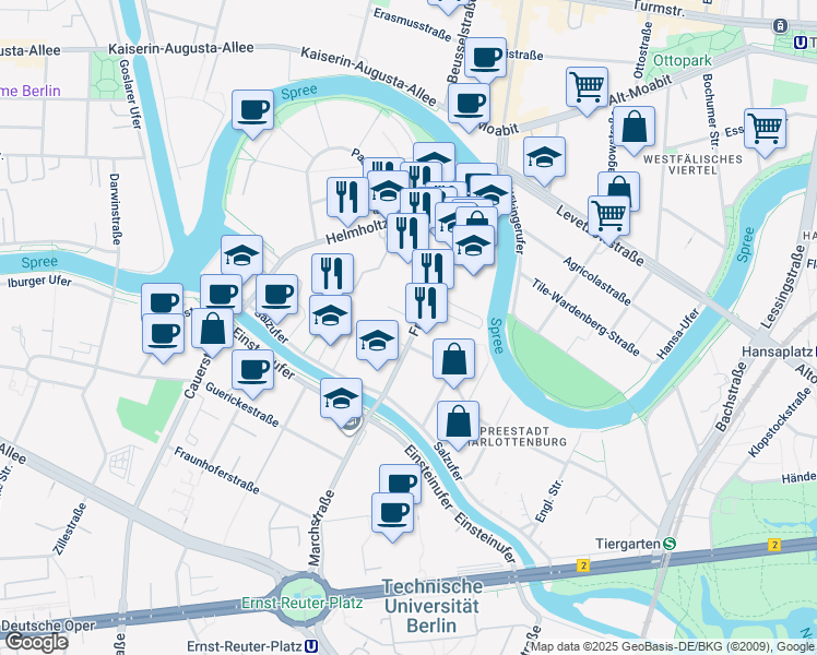 map of restaurants, bars, coffee shops, grocery stores, and more near 26A Franklinstraße in Berlin