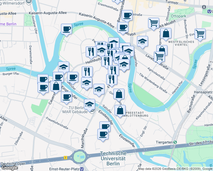 map of restaurants, bars, coffee shops, grocery stores, and more near 26A Franklinstraße in Berlin