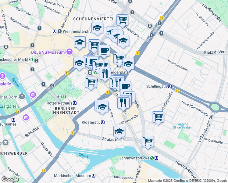 map of restaurants, bars, coffee shops, grocery stores, and more near Dircksenstraße in Berlin