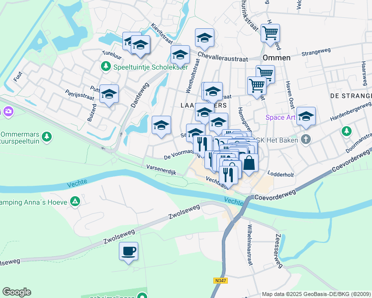 map of restaurants, bars, coffee shops, grocery stores, and more near 6A De Voormars in Ommen
