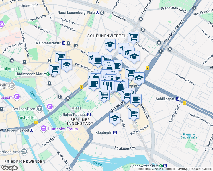 map of restaurants, bars, coffee shops, grocery stores, and more near Alexanderplatz in Berlin