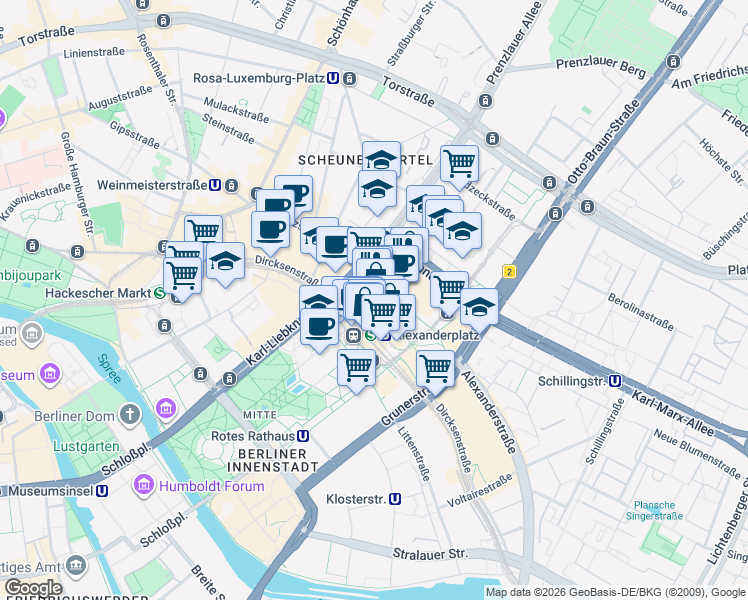 map of restaurants, bars, coffee shops, grocery stores, and more near 9 Alexanderplatz in Berlin