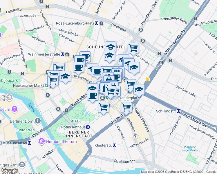 map of restaurants, bars, coffee shops, grocery stores, and more near 9 Alexanderplatz in Berlin