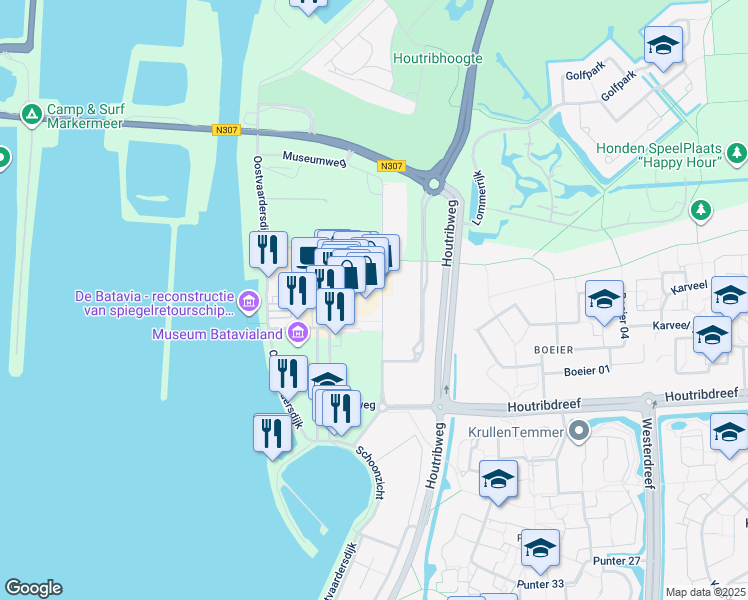 map of restaurants, bars, coffee shops, grocery stores, and more near 44 Bataviaplein in Lelystad