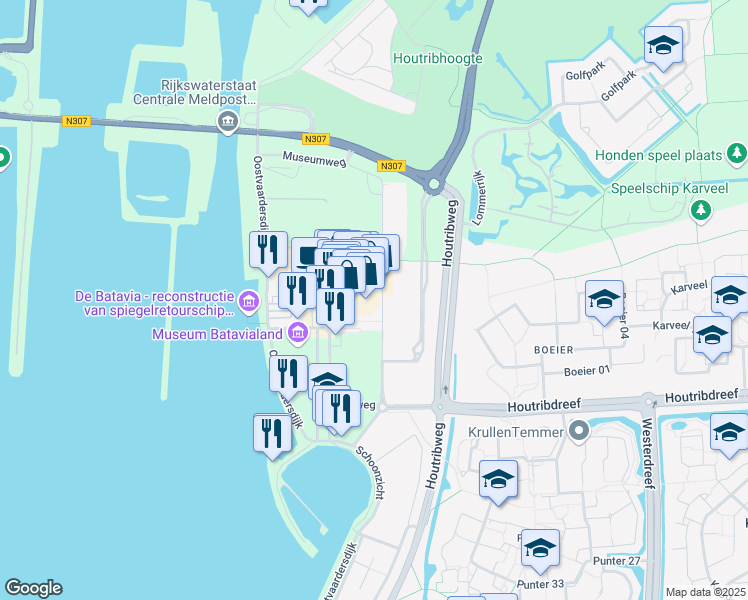 map of restaurants, bars, coffee shops, grocery stores, and more near 44 Bataviaplein in Lelystad