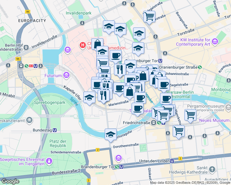 map of restaurants, bars, coffee shops, grocery stores, and more near 30 Reinhardtstraße in Berlin