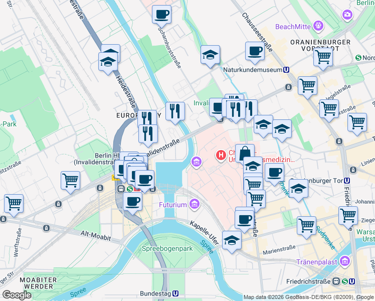 map of restaurants, bars, coffee shops, grocery stores, and more near 78 Invalidenstraße in Berlin