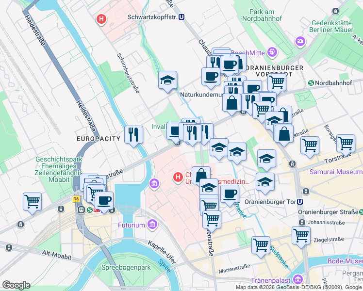 map of restaurants, bars, coffee shops, grocery stores, and more near 91 Invalidenstraße in Berlin