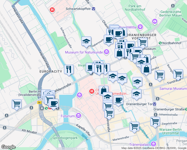 map of restaurants, bars, coffee shops, grocery stores, and more near 91 Invalidenstraße in Berlin