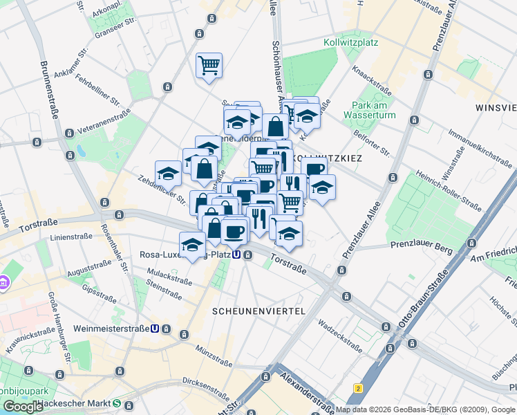 map of restaurants, bars, coffee shops, grocery stores, and more near 9 Schönhauser Allee in Berlin