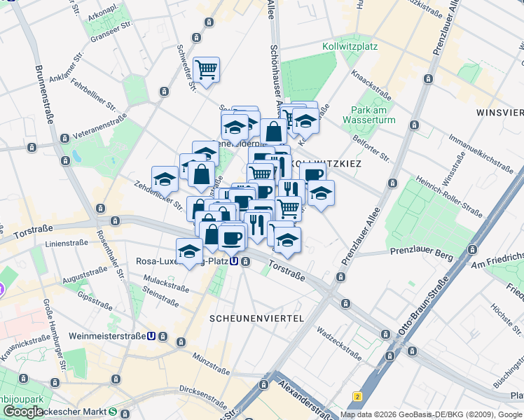 map of restaurants, bars, coffee shops, grocery stores, and more near 9 Schönhauser Allee in Berlin