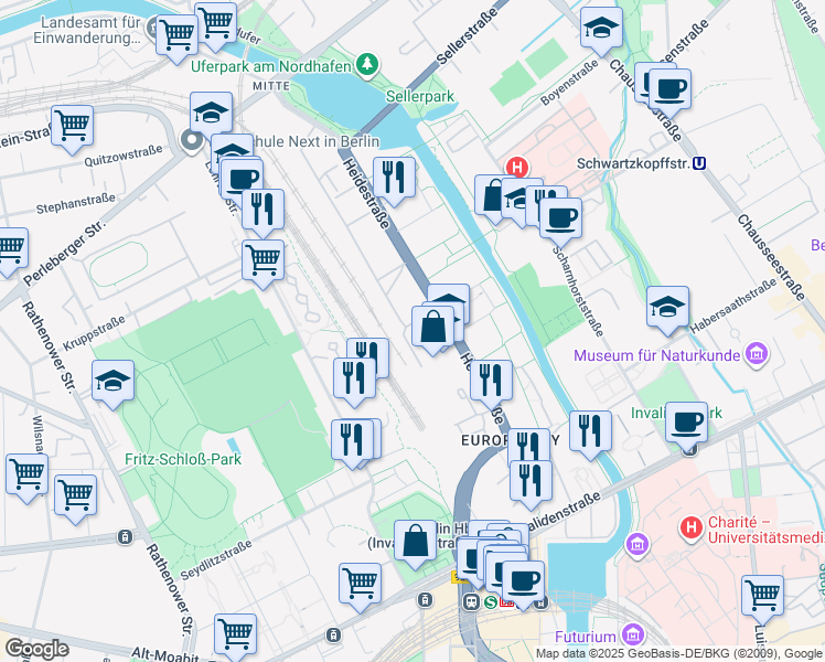 map of restaurants, bars, coffee shops, grocery stores, and more near 43 Heidestraße in Berlin