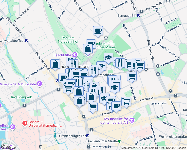 map of restaurants, bars, coffee shops, grocery stores, and more near 131 Invalidenstraße in Berlin