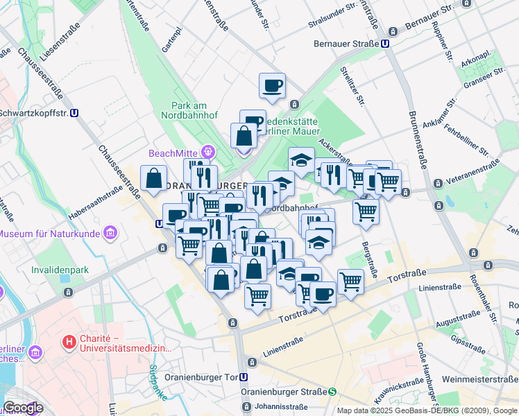 map of restaurants, bars, coffee shops, grocery stores, and more near 131 Invalidenstraße in Berlin