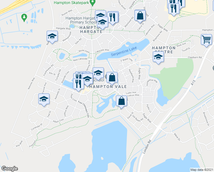 map of restaurants, bars, coffee shops, grocery stores, and more near 101 Vale Drive in Peterborough