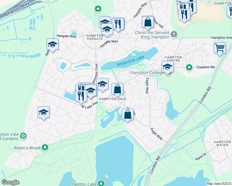 map of restaurants, bars, coffee shops, grocery stores, and more near 101 Vale Drive in Peterborough