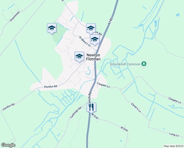 map of restaurants, bars, coffee shops, grocery stores, and more near 2 Waterside Gardens in Newton Flotman