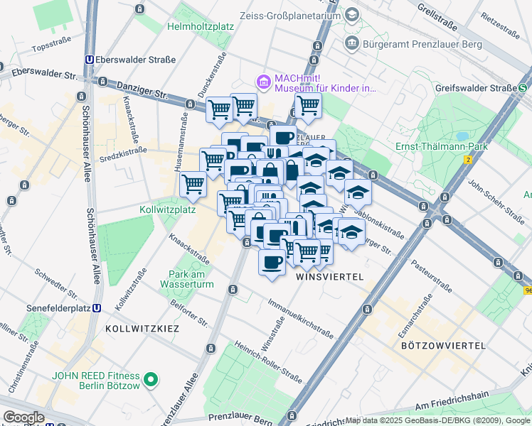 map of restaurants, bars, coffee shops, grocery stores, and more near 43 Prenzlauer Allee in Berlin