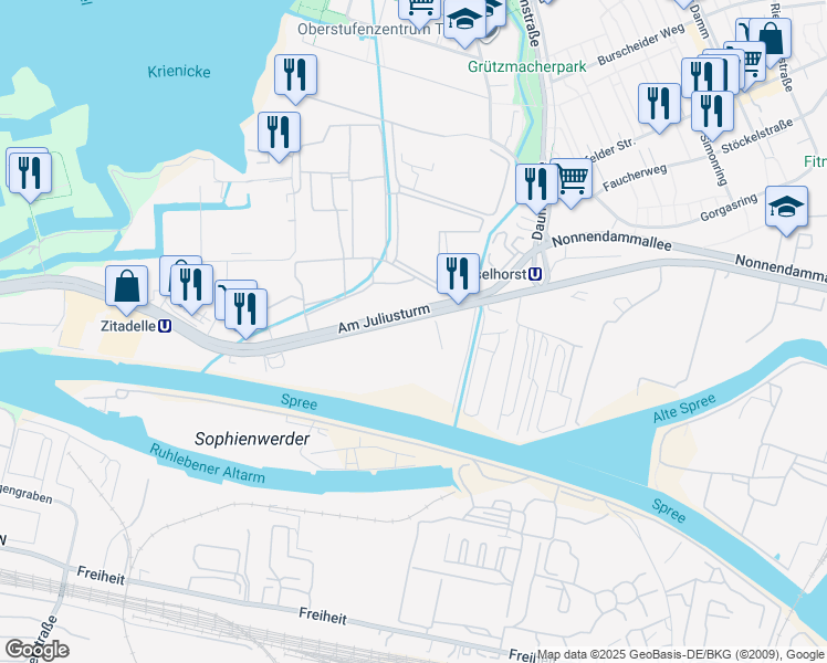 map of restaurants, bars, coffee shops, grocery stores, and more near 19 Am Juliusturm in Berlin