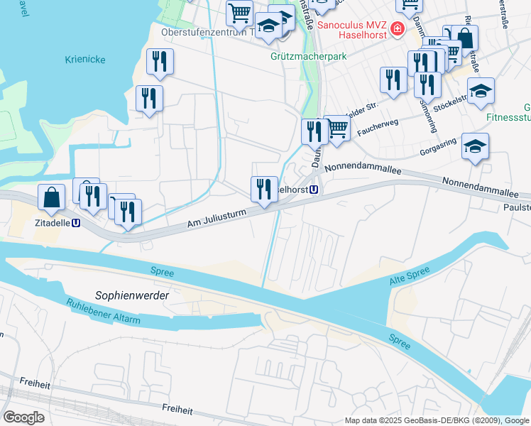map of restaurants, bars, coffee shops, grocery stores, and more near 19 Am Juliusturm in Berlin