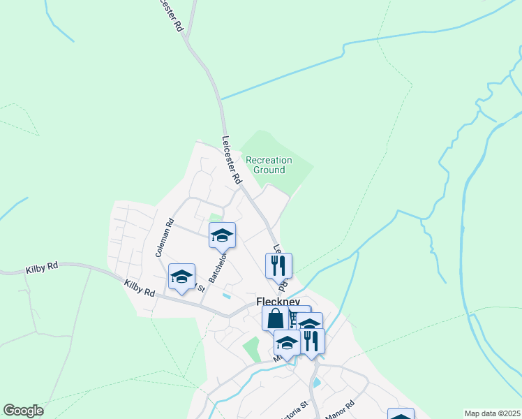 map of restaurants, bars, coffee shops, grocery stores, and more near 75 Leicester Road in Fleckney