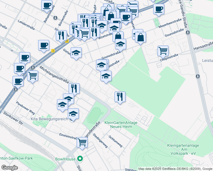 map of restaurants, bars, coffee shops, grocery stores, and more near 25 Gürtelstraße in Berlin
