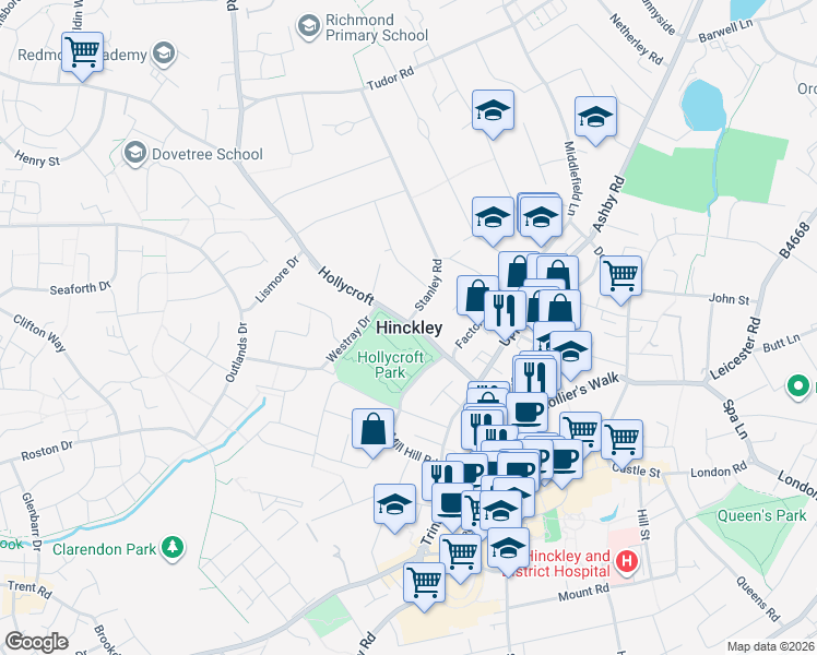 map of restaurants, bars, coffee shops, grocery stores, and more near in Hinckley