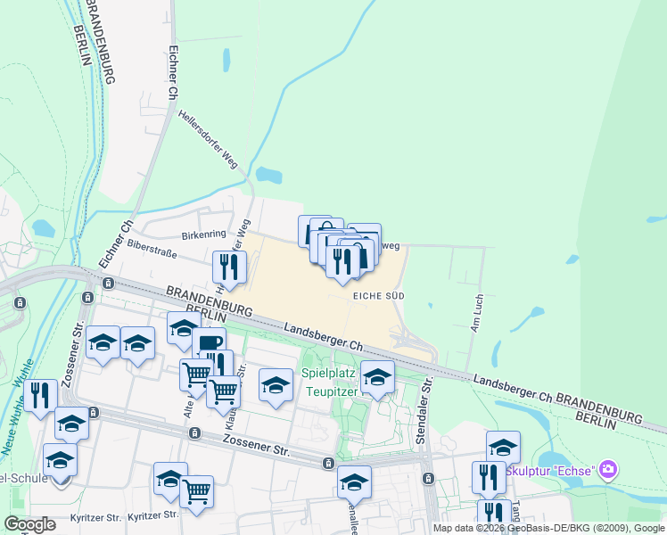 map of restaurants, bars, coffee shops, grocery stores, and more near 17 Landsberger Chaussee in Ahrensfelde