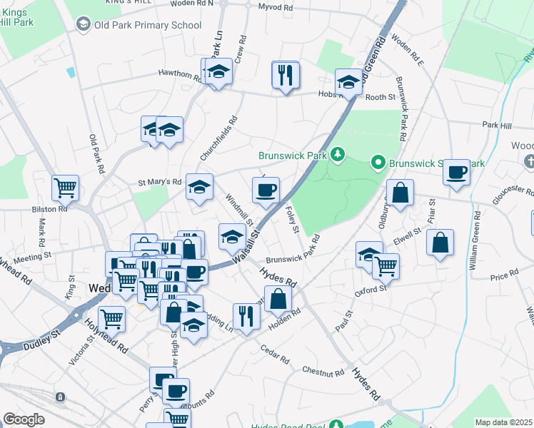 map of restaurants, bars, coffee shops, grocery stores, and more near 7 Knowles Street in West Bromwich