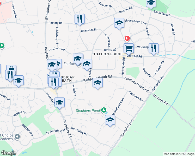 map of restaurants, bars, coffee shops, grocery stores, and more near Reddicap Heath Road in Birmingham