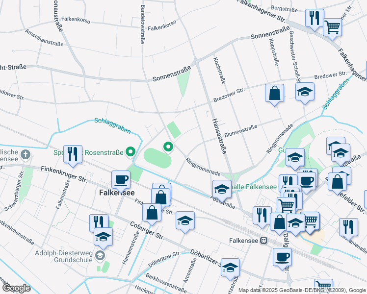map of restaurants, bars, coffee shops, grocery stores, and more near 111 Ringpromenade in Falkensee