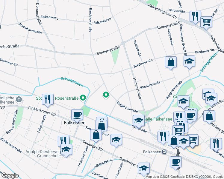 map of restaurants, bars, coffee shops, grocery stores, and more near 111 Ringpromenade in Falkensee