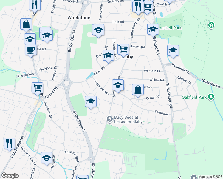 map of restaurants, bars, coffee shops, grocery stores, and more near Lutterworth Road in Blaby