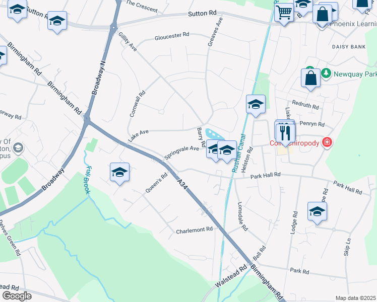 map of restaurants, bars, coffee shops, grocery stores, and more near Springvale Avenue in West Midlands