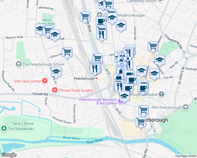 map of restaurants, bars, coffee shops, grocery stores, and more near 2 Station Road in Peterborough