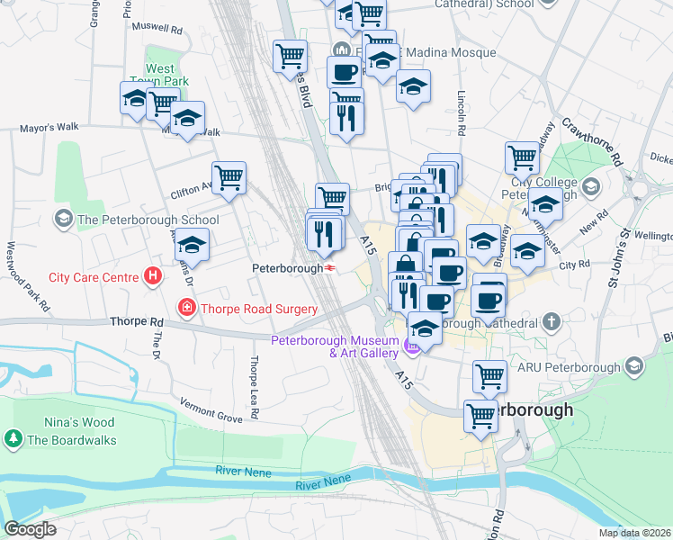 map of restaurants, bars, coffee shops, grocery stores, and more near 2 Station Road in Peterborough