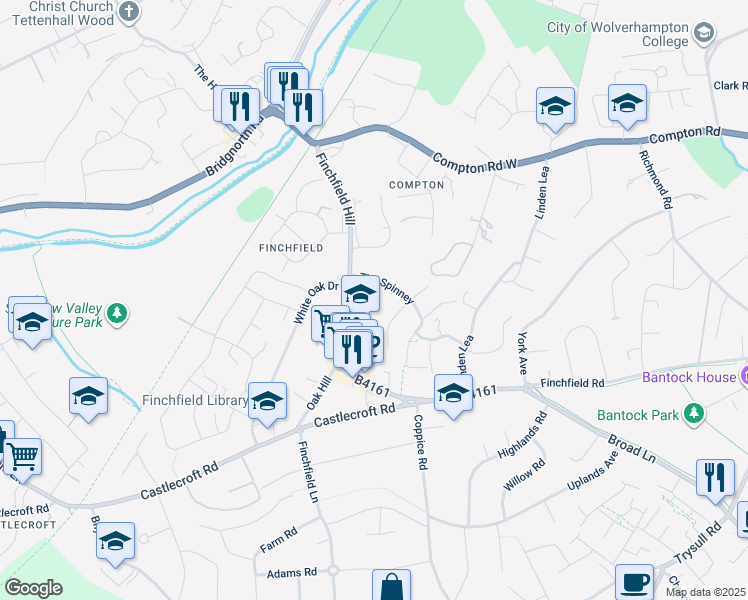 map of restaurants, bars, coffee shops, grocery stores, and more near Birchglade in West Midlands