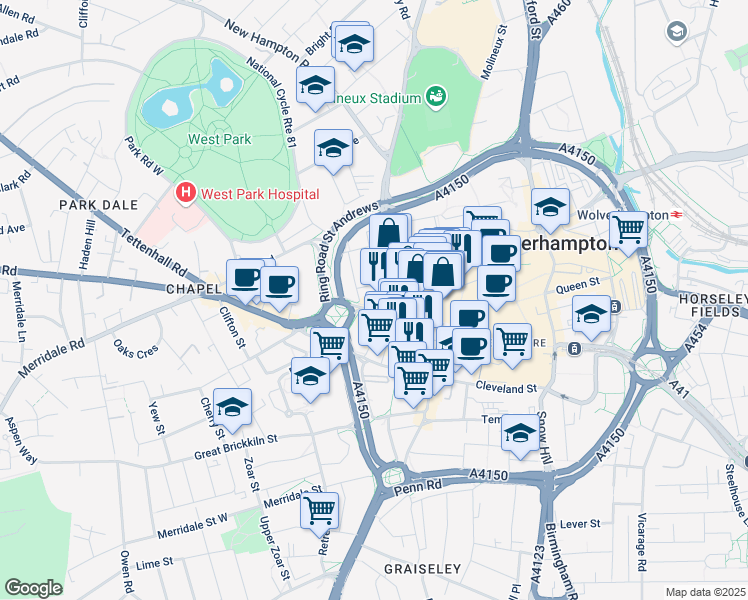 map of restaurants, bars, coffee shops, grocery stores, and more near Darlington Street in West Midlands
