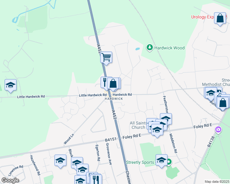 map of restaurants, bars, coffee shops, grocery stores, and more near 124 Hardwick Road in West Midlands