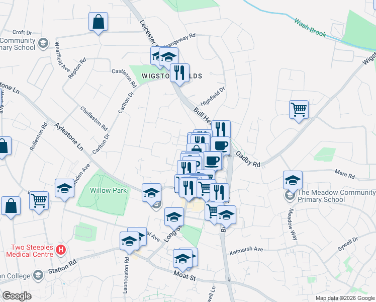 map of restaurants, bars, coffee shops, grocery stores, and more near Victoria Street in Leicestershire