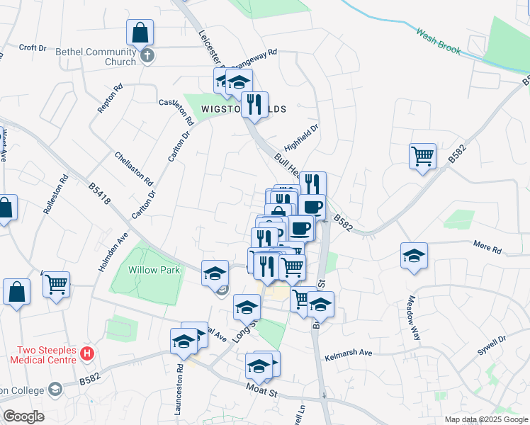map of restaurants, bars, coffee shops, grocery stores, and more near Victoria Street in Leicestershire