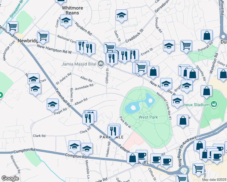 map of restaurants, bars, coffee shops, grocery stores, and more near Albert Road in West Midlands