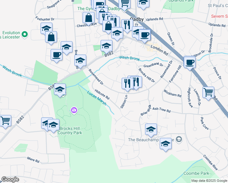 map of restaurants, bars, coffee shops, grocery stores, and more near 99 Rosemead Drive in Oadby