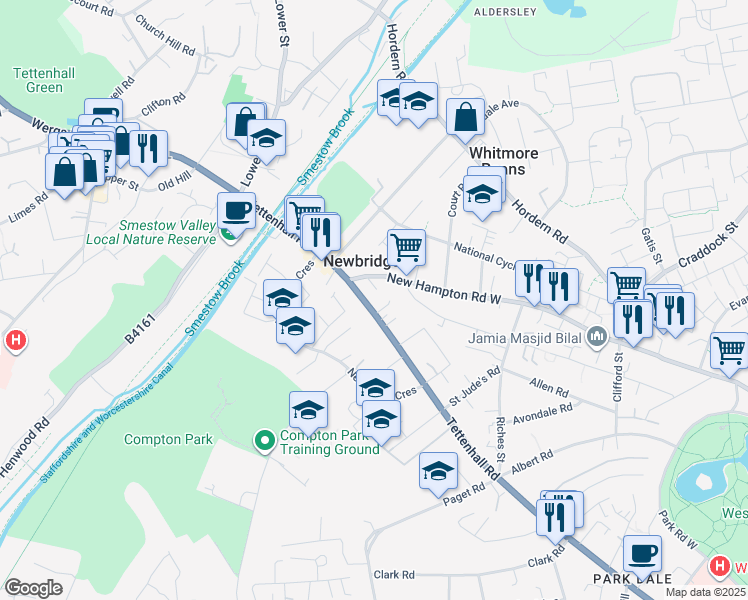 map of restaurants, bars, coffee shops, grocery stores, and more near Tettenhall Road in Wolverhampton