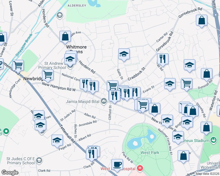 map of restaurants, bars, coffee shops, grocery stores, and more near Hordern Road in West Midlands