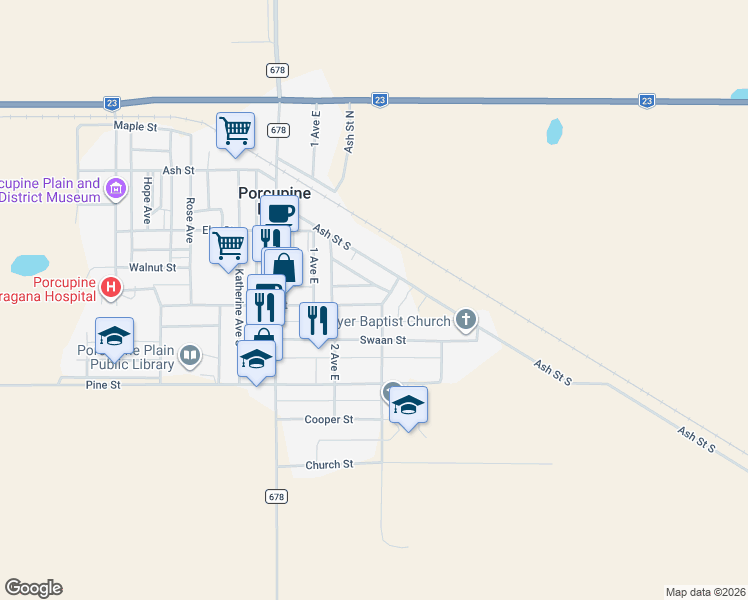 map of restaurants, bars, coffee shops, grocery stores, and more near 217 Oak Street in Porcupine Plain