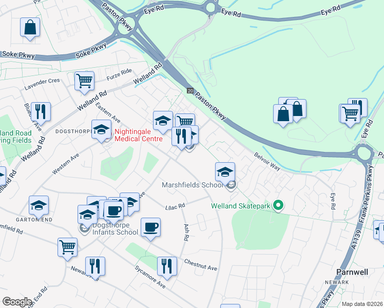 map of restaurants, bars, coffee shops, grocery stores, and more near in Peterborough