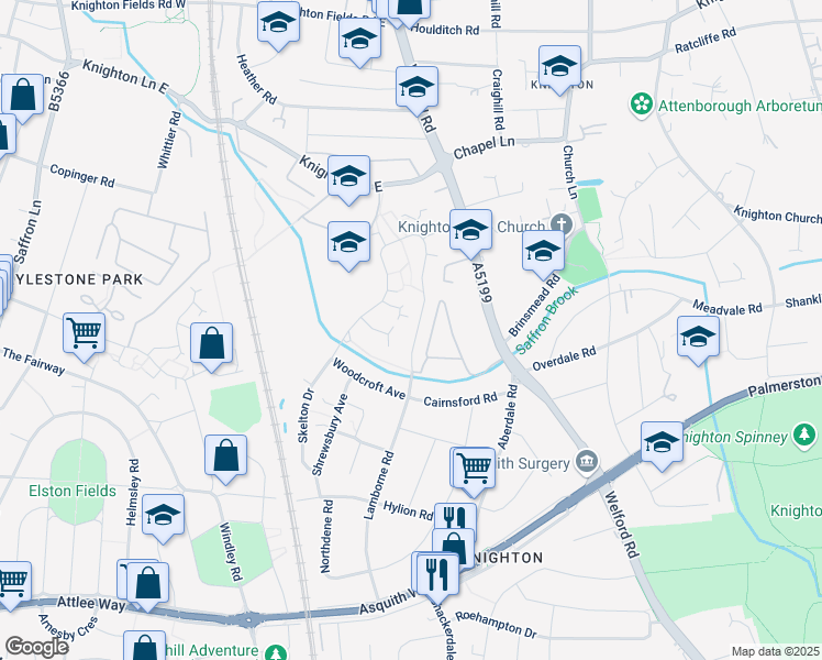 map of restaurants, bars, coffee shops, grocery stores, and more near 18 Pendlebury Drive in Leicester