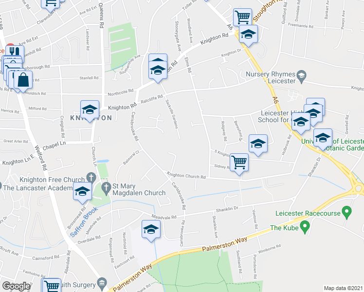 map of restaurants, bars, coffee shops, grocery stores, and more near 35 Sackville Gardens in Leicester